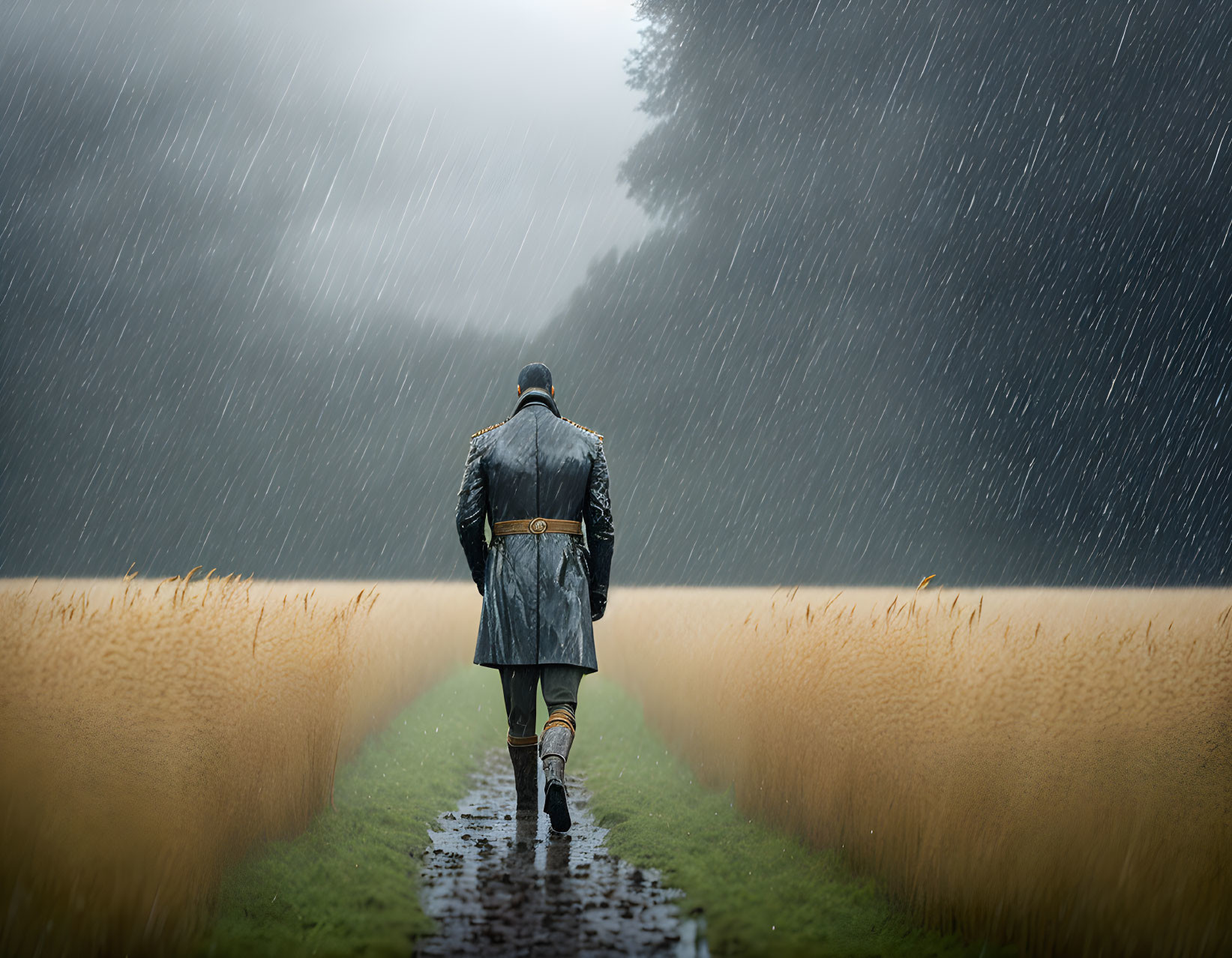 Person walking in rain on muddy path through golden fields