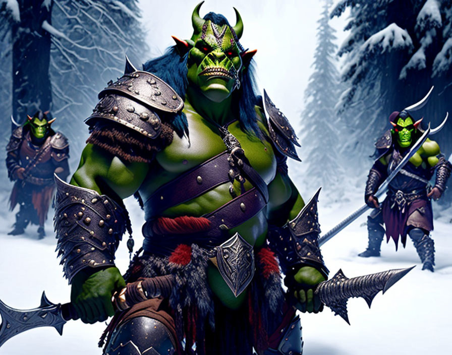 Orc warriors in snowy forest with lead orc in armor