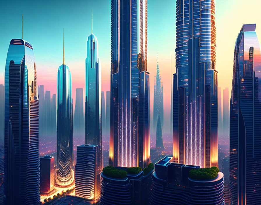 Vibrant futuristic cityscape with towering skyscrapers and neon lights