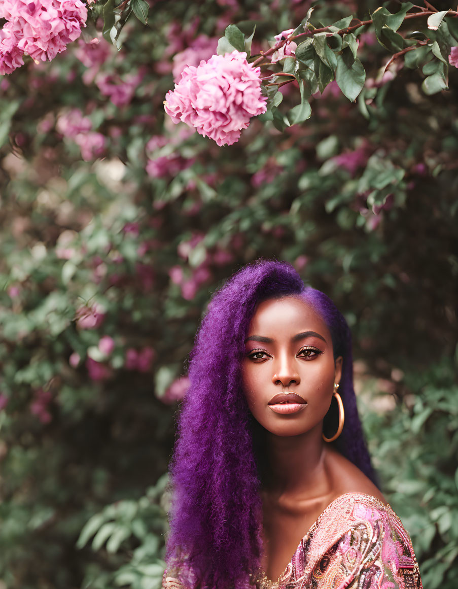 Purple-haired woman surrounded by blooming flowers exudes elegance