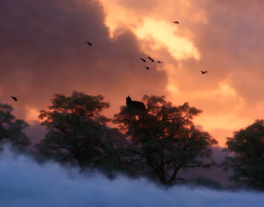 Mystical landscape with birds, misty trees, and orange sunset sky