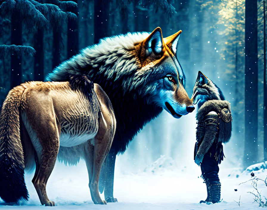 Majestic wolf in snowy forest with person and crow in mystical setting