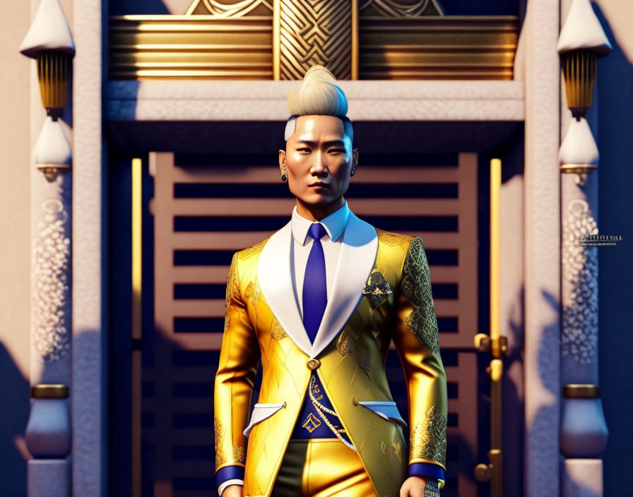 Illustrated character with white mohawk in yellow suit by elegant door