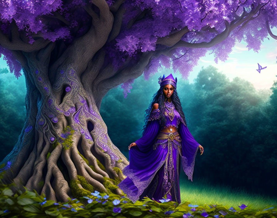 Regal woman in purple attire by ancient violet tree