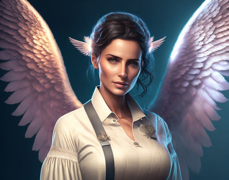 Digital art portrait of woman with angelic wings and feathers, white shirt with gold accents, on dark