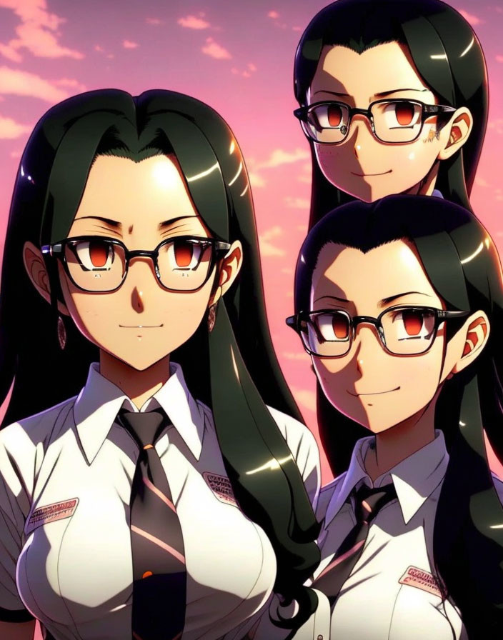 Three animated female characters with glasses and black hair in white shirts on pink sky backdrop