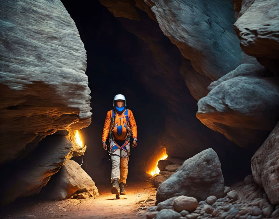 Astronaut in space suit walking in narrow, dimly lit canyon with flame light