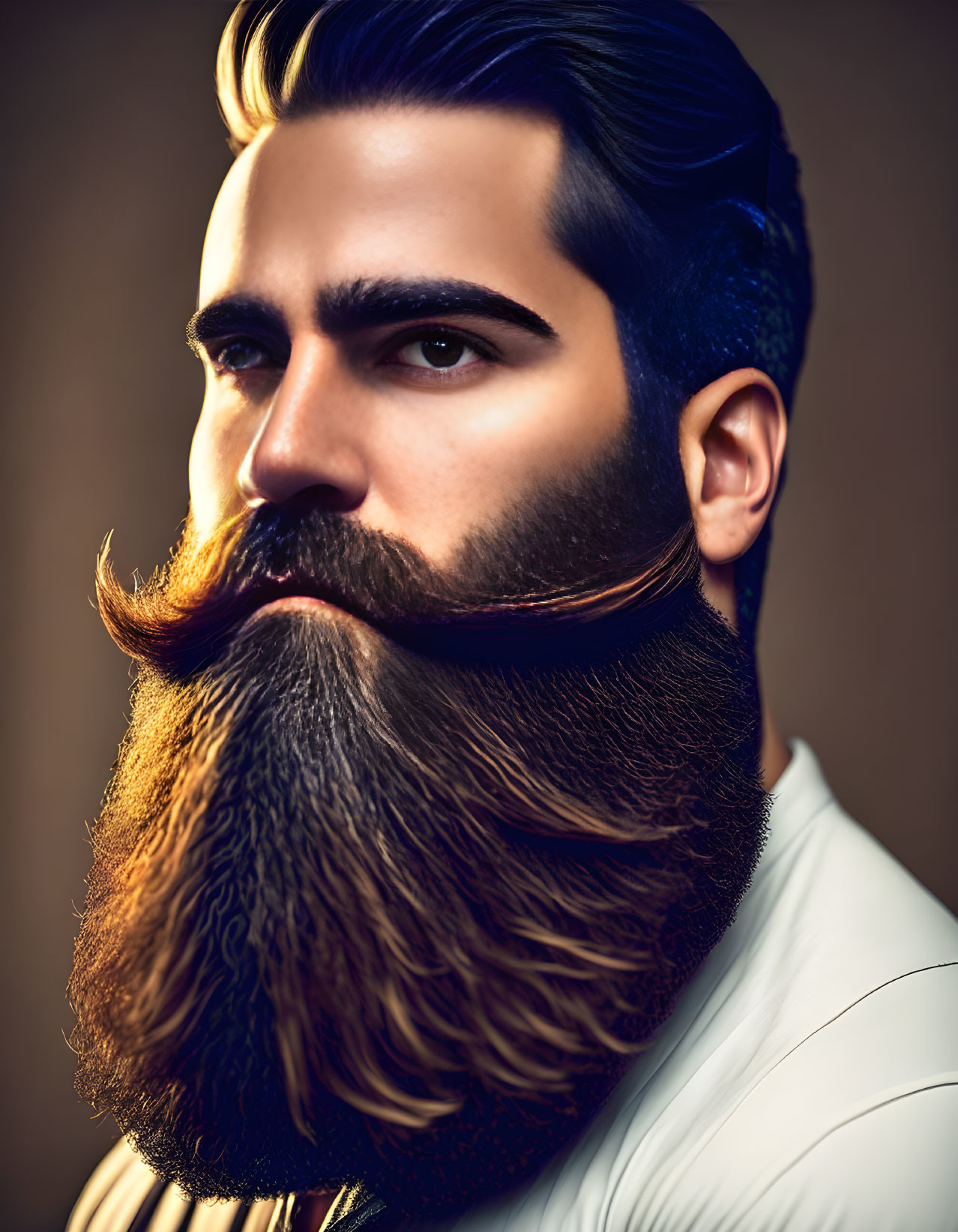 Man with Groomed Beard, Styled Mustache, and Slicked-Back Hair on Warm