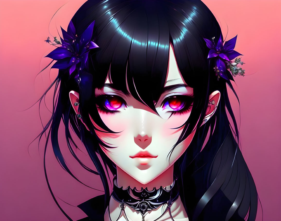 Black-Haired Anime Girl with Purple Eyes and Floral Decor on Pink Background