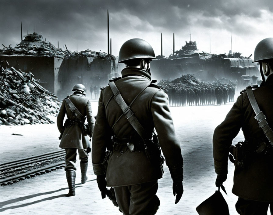 Three soldiers in combat gear walking in gloomy industrial landscape