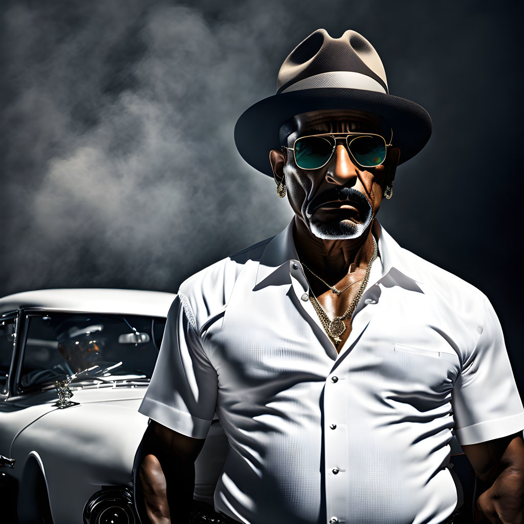 Stylized image of man in white shirt with fedora and sunglasses by classic car.