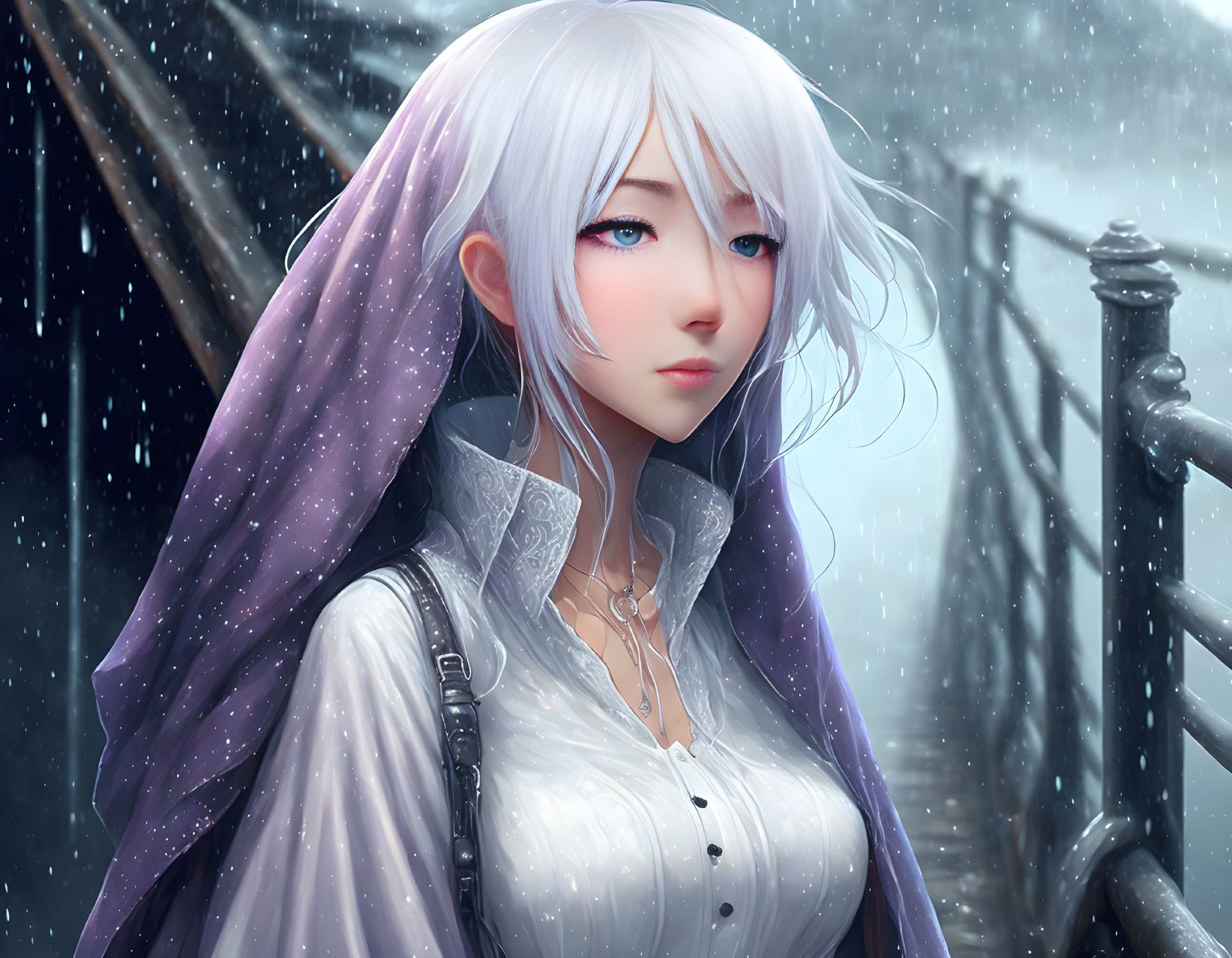 Silver-Haired Female Character in White Blouse and Purple Cloak in Snowy Setting