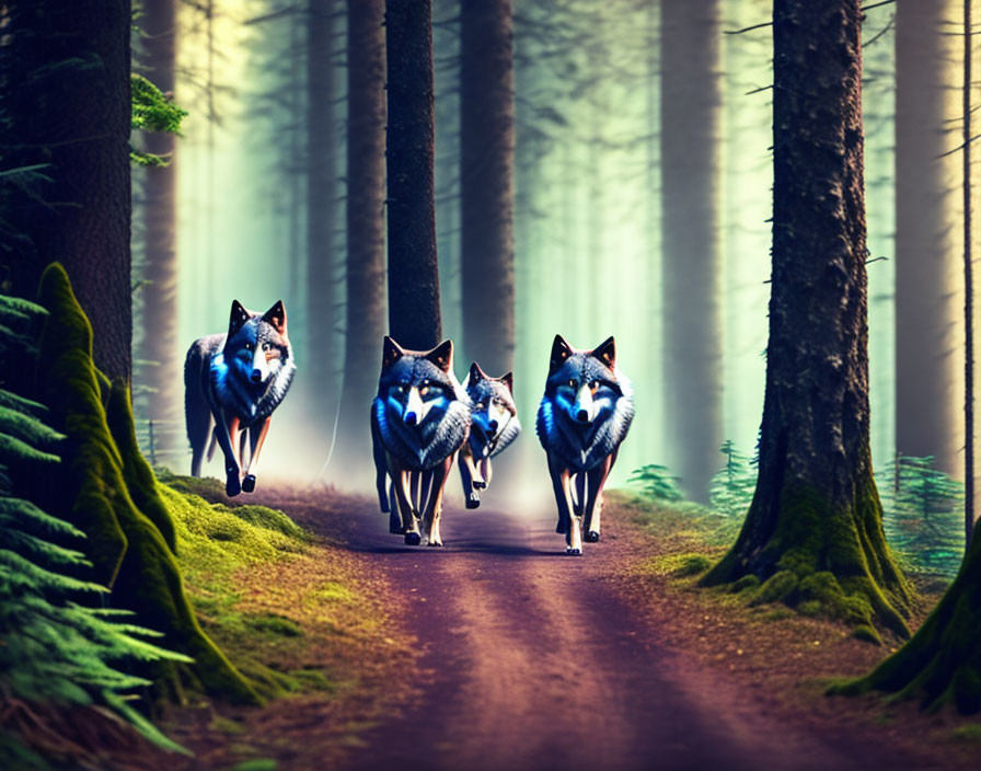 Blue-patterned wolves running in mystical forest with ethereal light.