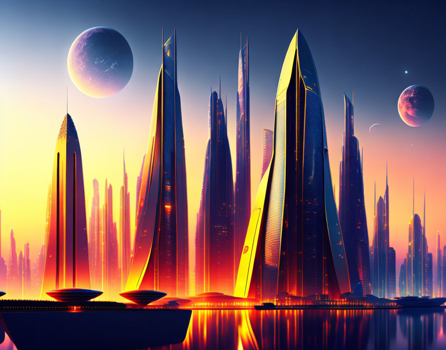Futuristic cityscape with tall buildings and large planets in orange sky