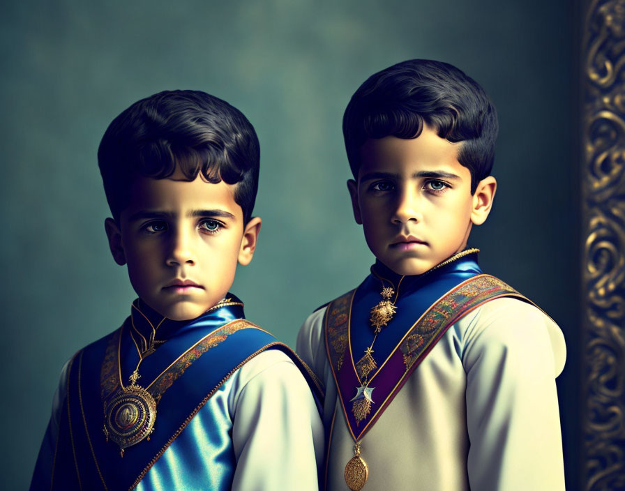 Traditional ornate clothing: Two young boys with sashes and medals