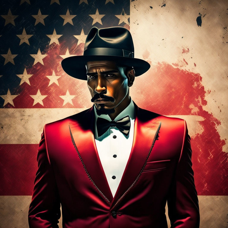 Man in Red Tuxedo and Hat on American Flag Background with Grunge Texture
