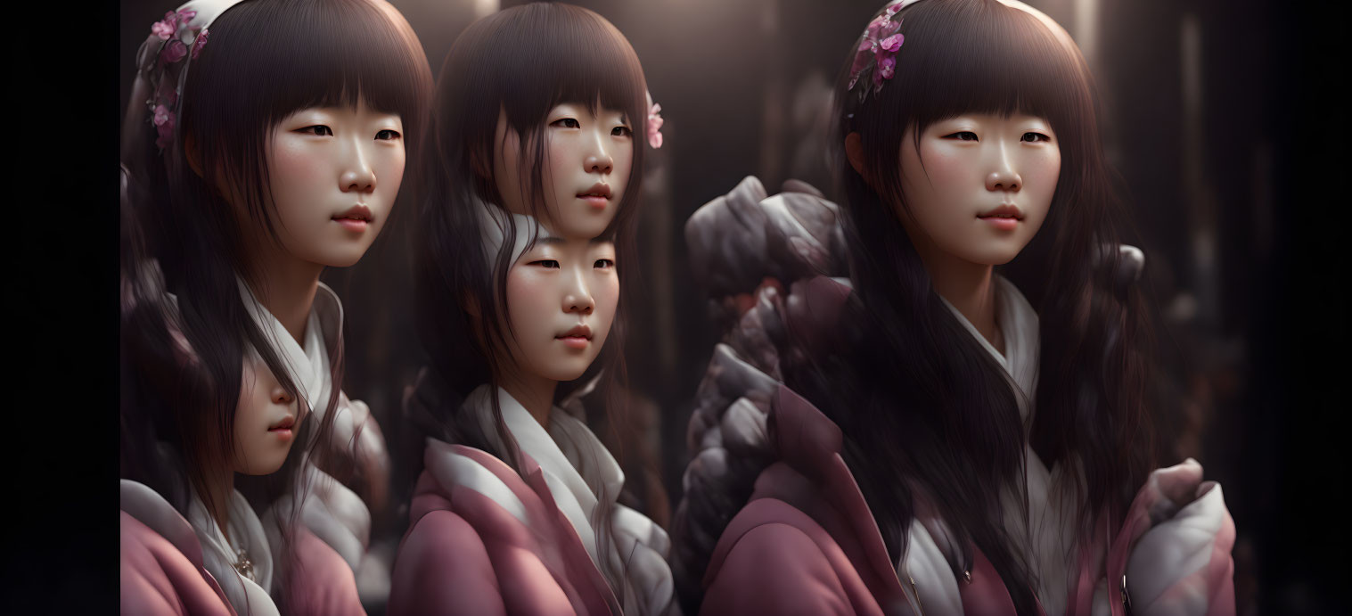 Five Dark-Haired Female Figures in Pink and Grey Clothing with Moody Ambiance