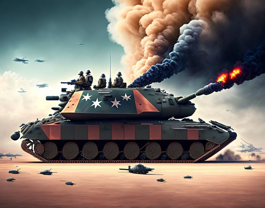 Stylized tank with soldiers in dramatic battlefield scene.