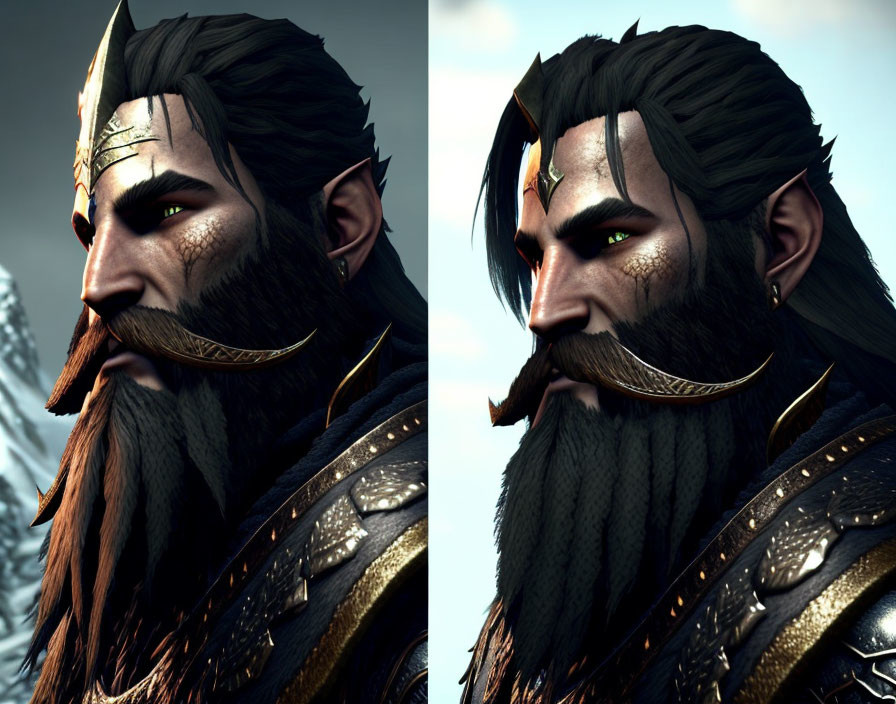 Fantasy male character with detailed beard, golden crown, and intricate armor
