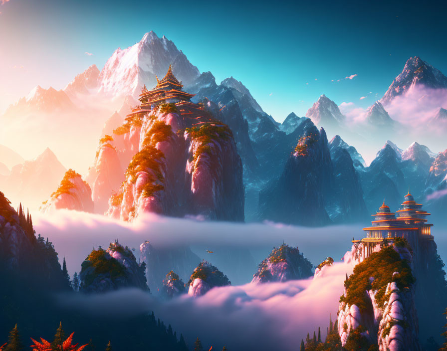 Traditional Pagoda-Style Buildings on Misty Mountain Peaks at Sunrise or Sunset