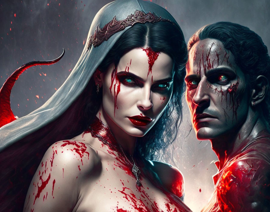 Male and female pale figures with blood-stained features on crimson background