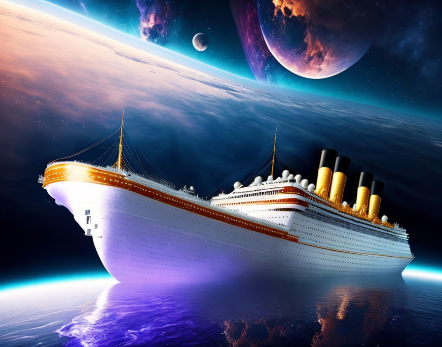 Vintage ocean liner in cosmic ocean with vibrant planets