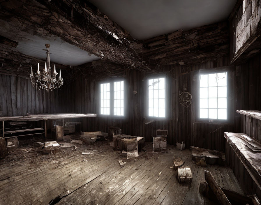 Abandoned Room with Wooden Walls, Boxes, and Broken Chandelier