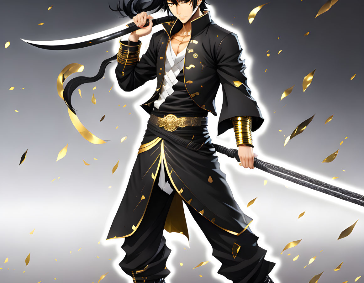 Animated figure in black and gold outfit with katana and swirling golden leaves