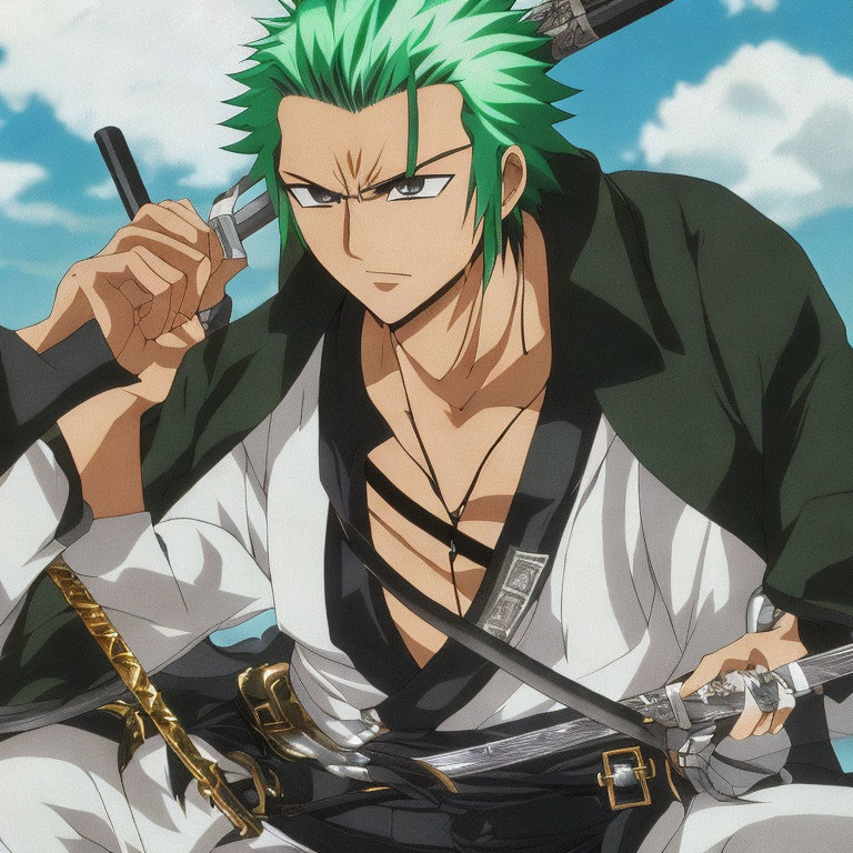 Green-haired animated character with swords in black and white robe against blue sky and clouds.