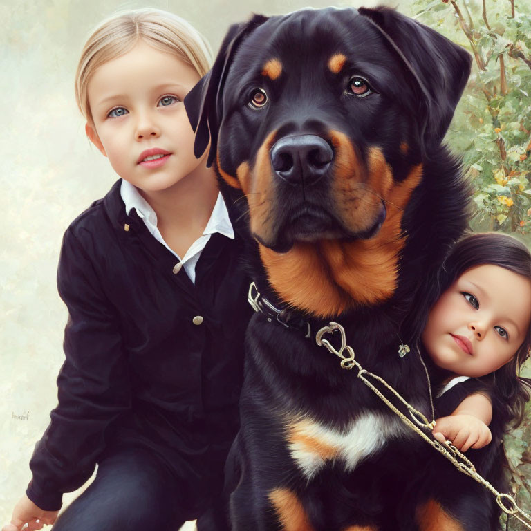 Young girl, boy, and dog in rendered image against soft foliage background