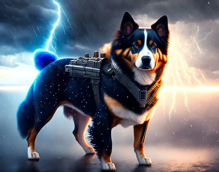 Starry coat dog with saddlebag under lightning sky