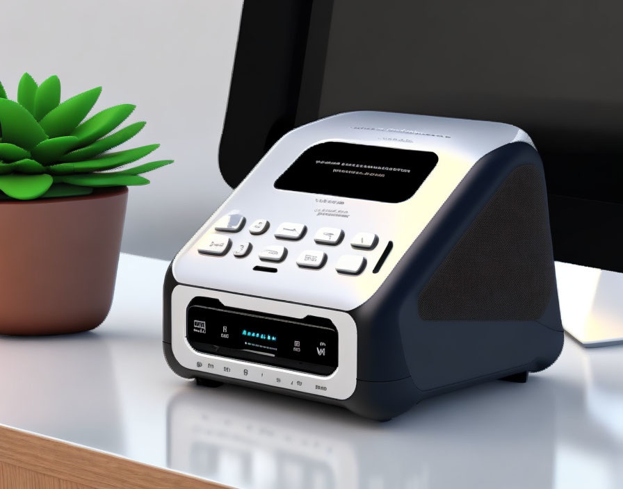 Digital display office label printer with buttons on desk next to plant