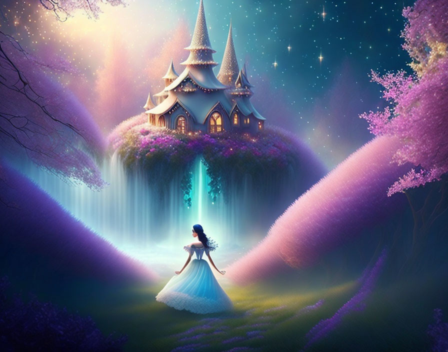 Woman in flowing dress at magical waterfall with glowing castle and blossoming trees