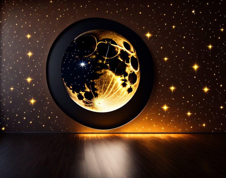 Intricate golden sphere in dark room with starry walls