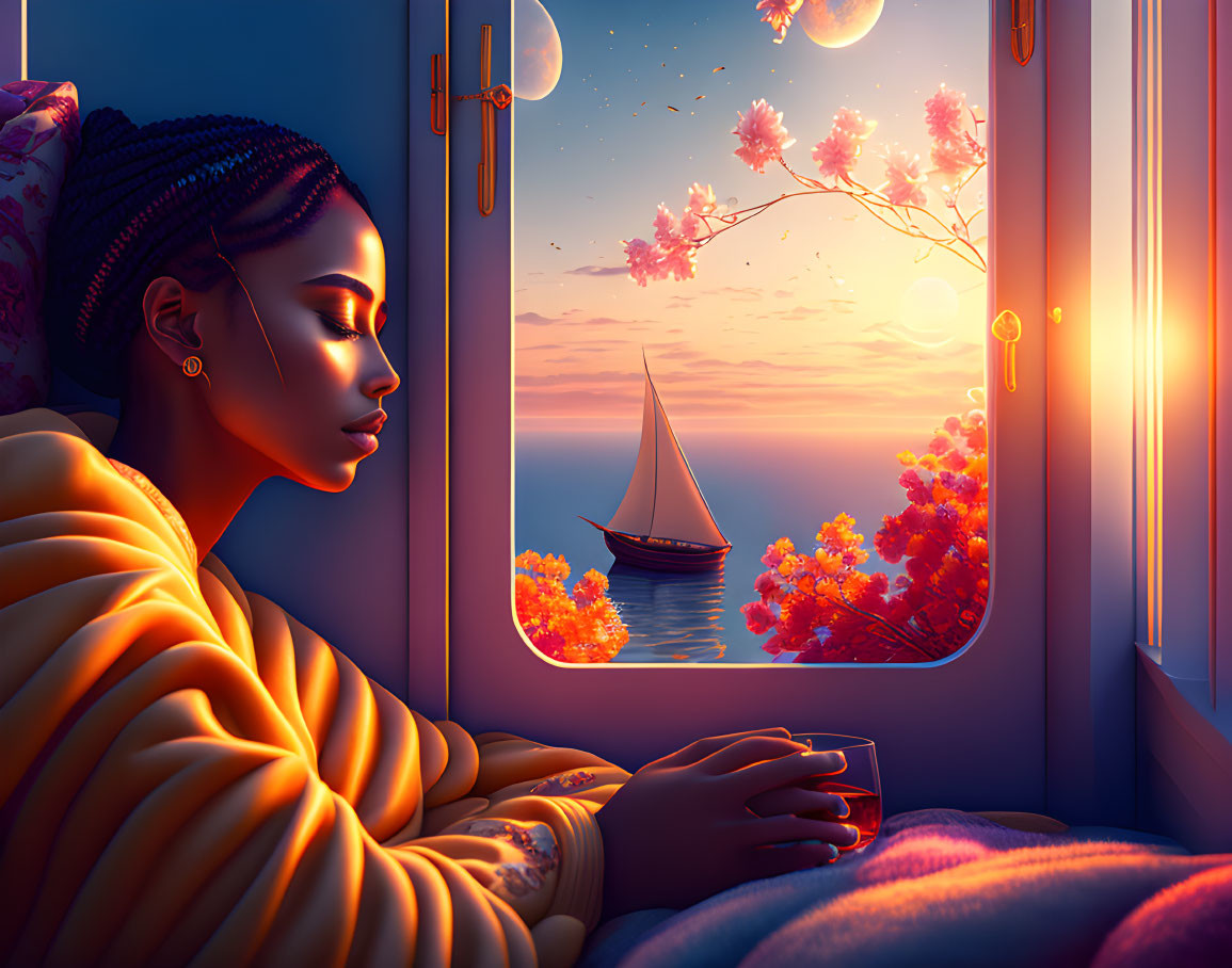 Woman admires sunset over ocean from train window with sailboat and cherry blossoms.