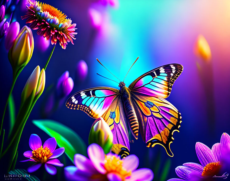 Colorful Butterfly Resting on Vibrant Flowers with Luminous Bokeh Background