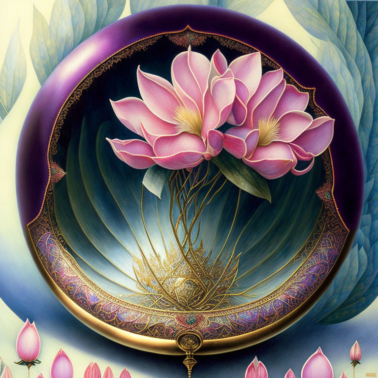 Colorful Lotus Flower Illustration in Ornate Frame