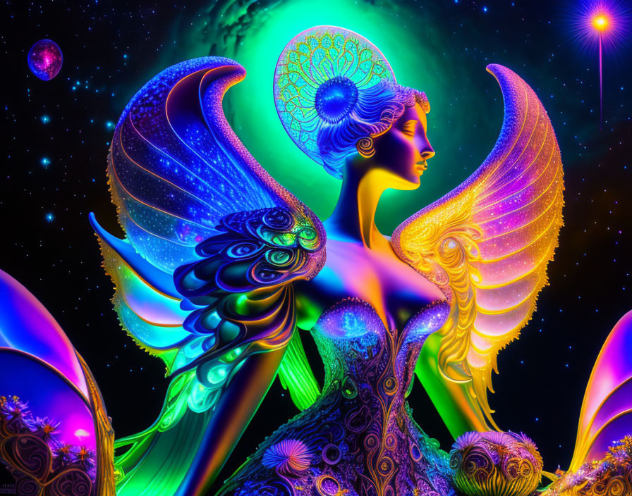 Digital artwork: Female figure with ornate wings in cosmic setting