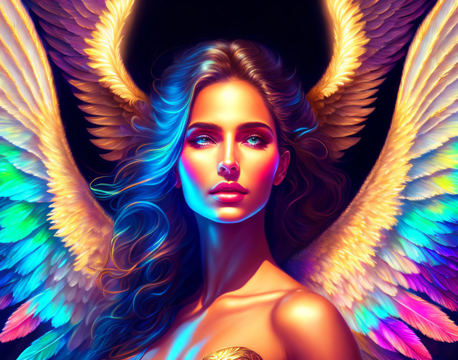Colorful digital portrait of angelic woman with wings and flowing hair
