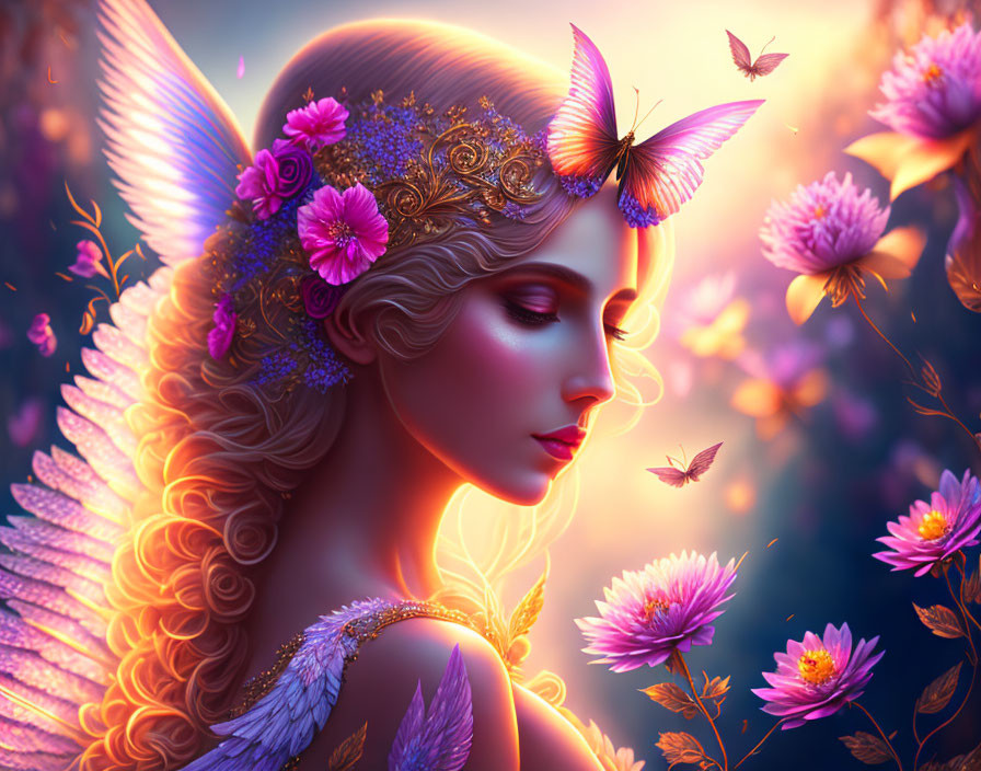 Ethereal woman with golden wings in enchanted fantasy scene