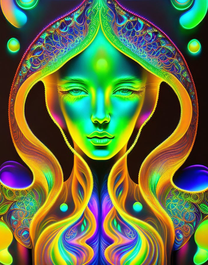 Symmetrical abstract female face with neon patterns on dark background