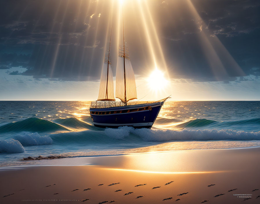 Sailboat on Sea at Sunset with Sunbeams and Bird Silhouettes