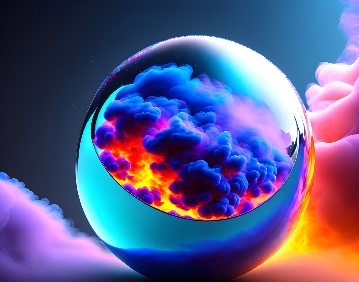 Colorful 3D Sphere with Fiery Cloudscape on Cool Background