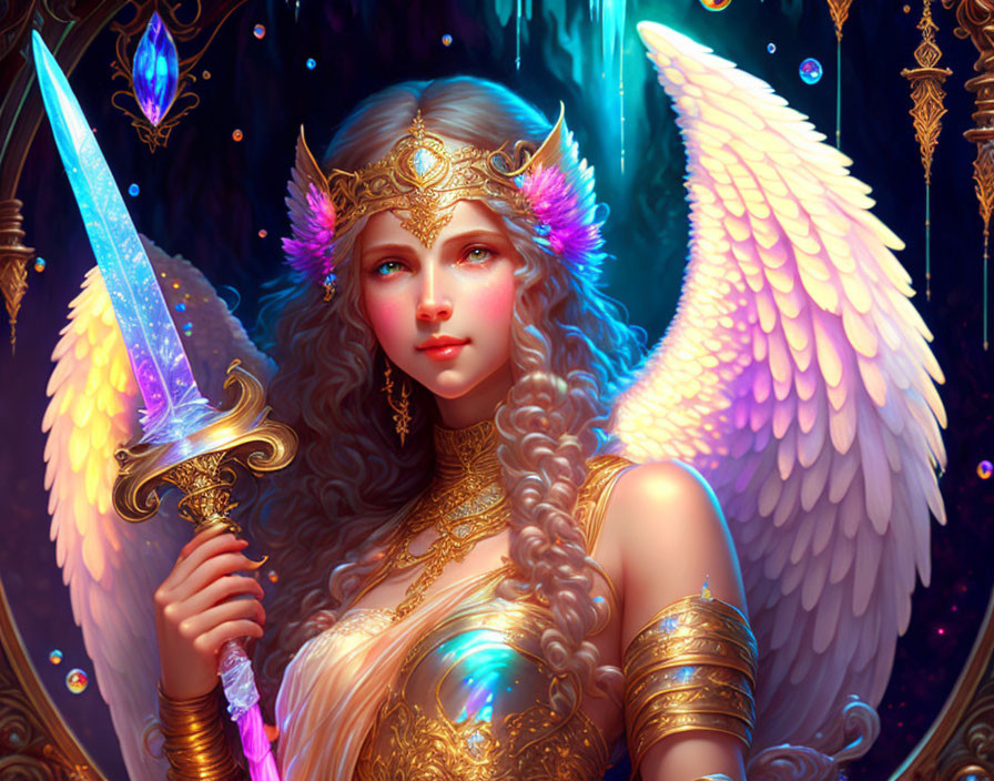 Female figure with angelic wings, sword, golden armor, and magical artifacts
