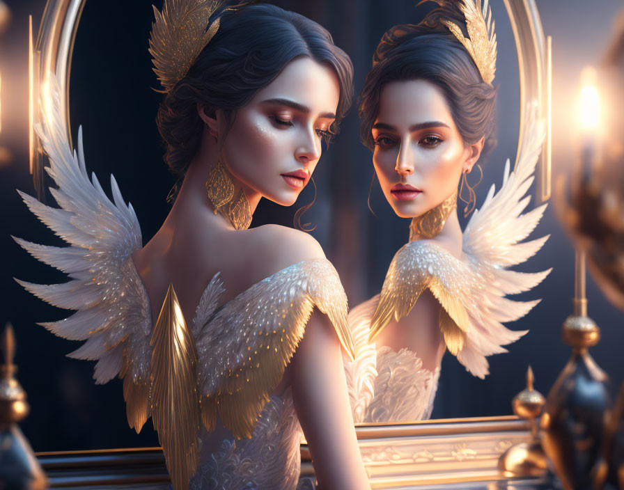 Angel woman in golden feathered gown gazes in ornate mirror