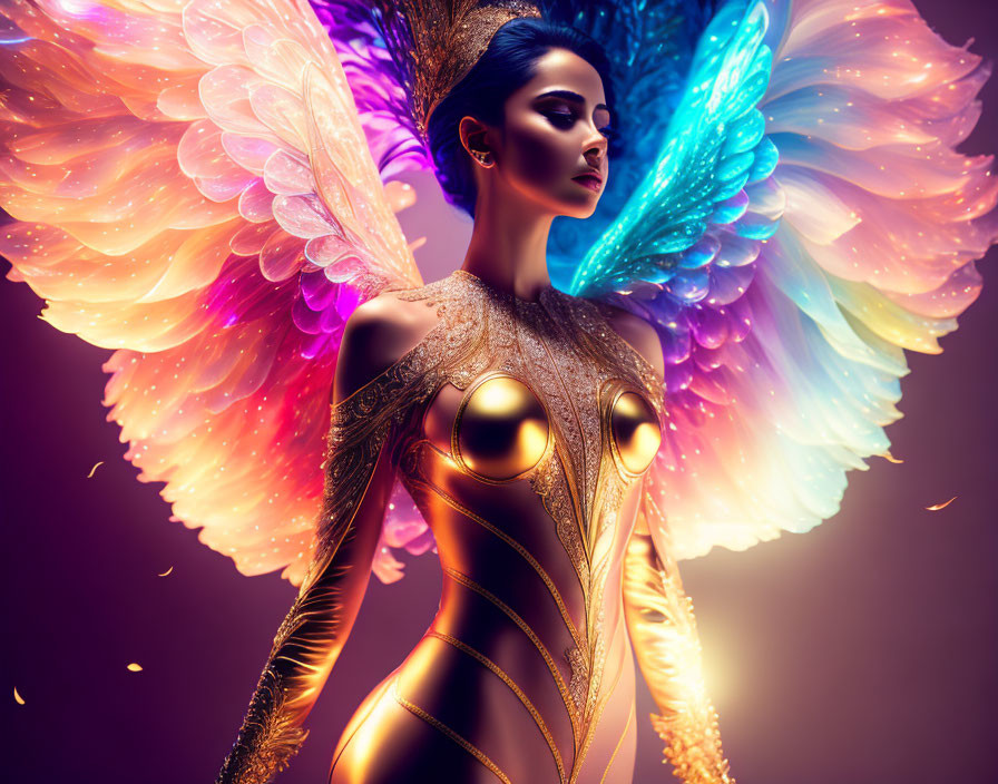 Ethereal woman with colorful wings in futuristic pose