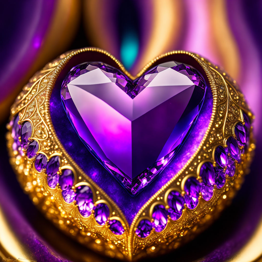 Purple Heart-Shaped Gemstone in Gold Frame with Intricate Details