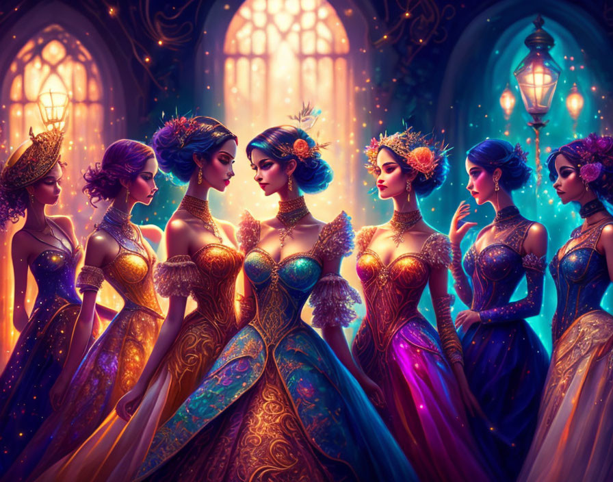 Seven elegant animated women in ornate historical dresses against vibrant stained-glass backdrop