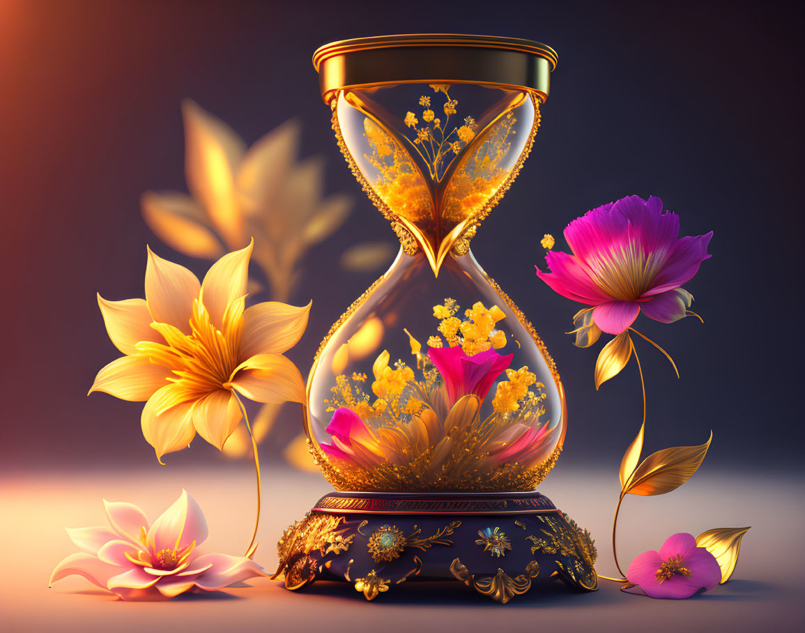 Intricate hourglass with golden particles and flowers on gradient background