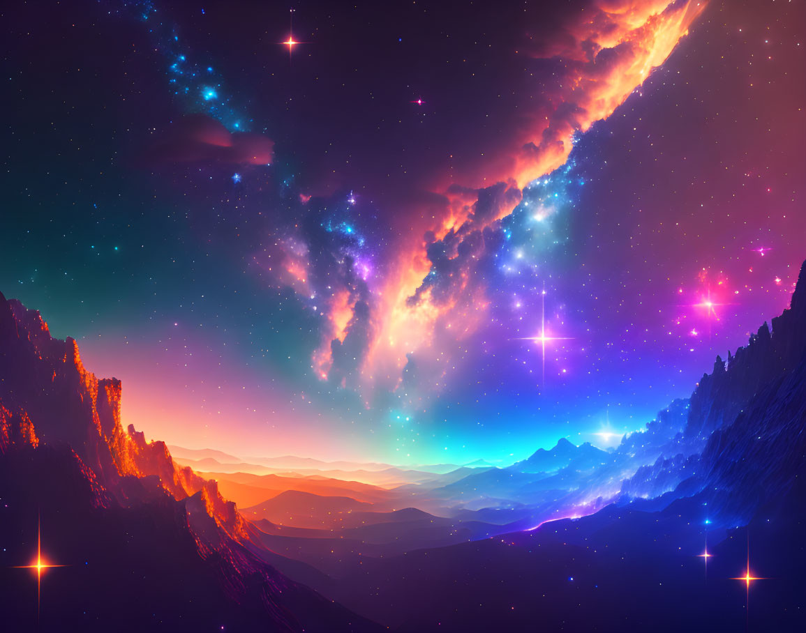 Colorful Cosmic Sky Artwork with Mountain Silhouette